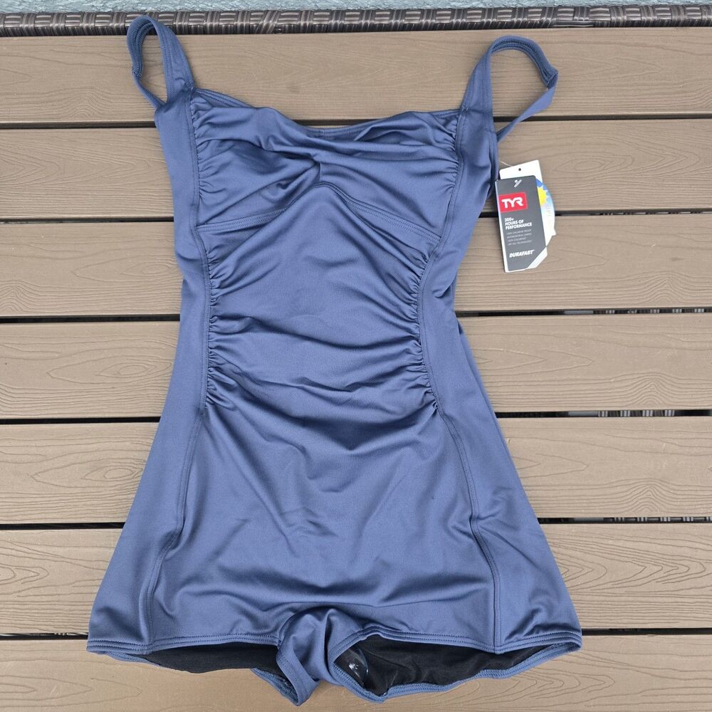 TYR Women's Durfast Solid Titanium Twisted Jumpsuit One Piece Swimsuit Sz 8 New